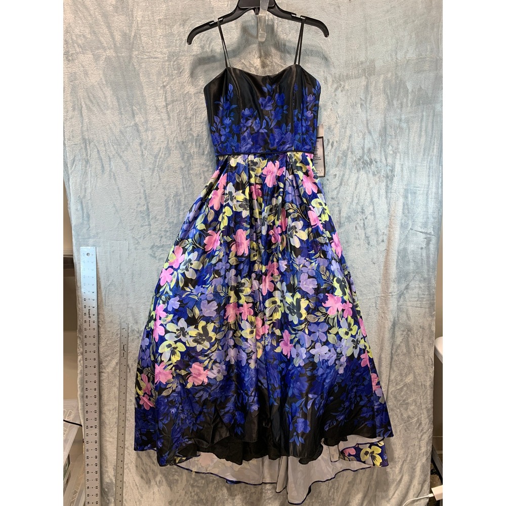 Betsy & Adam Floral High-Low Gown Black Blue Pink A27019 Womens 8 NEW